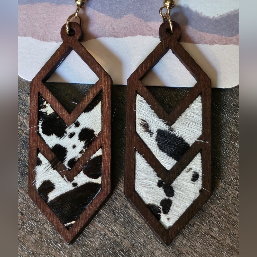 NWT Brown Genuine Cowhide Leather Inlayed On Real Wood Earrings